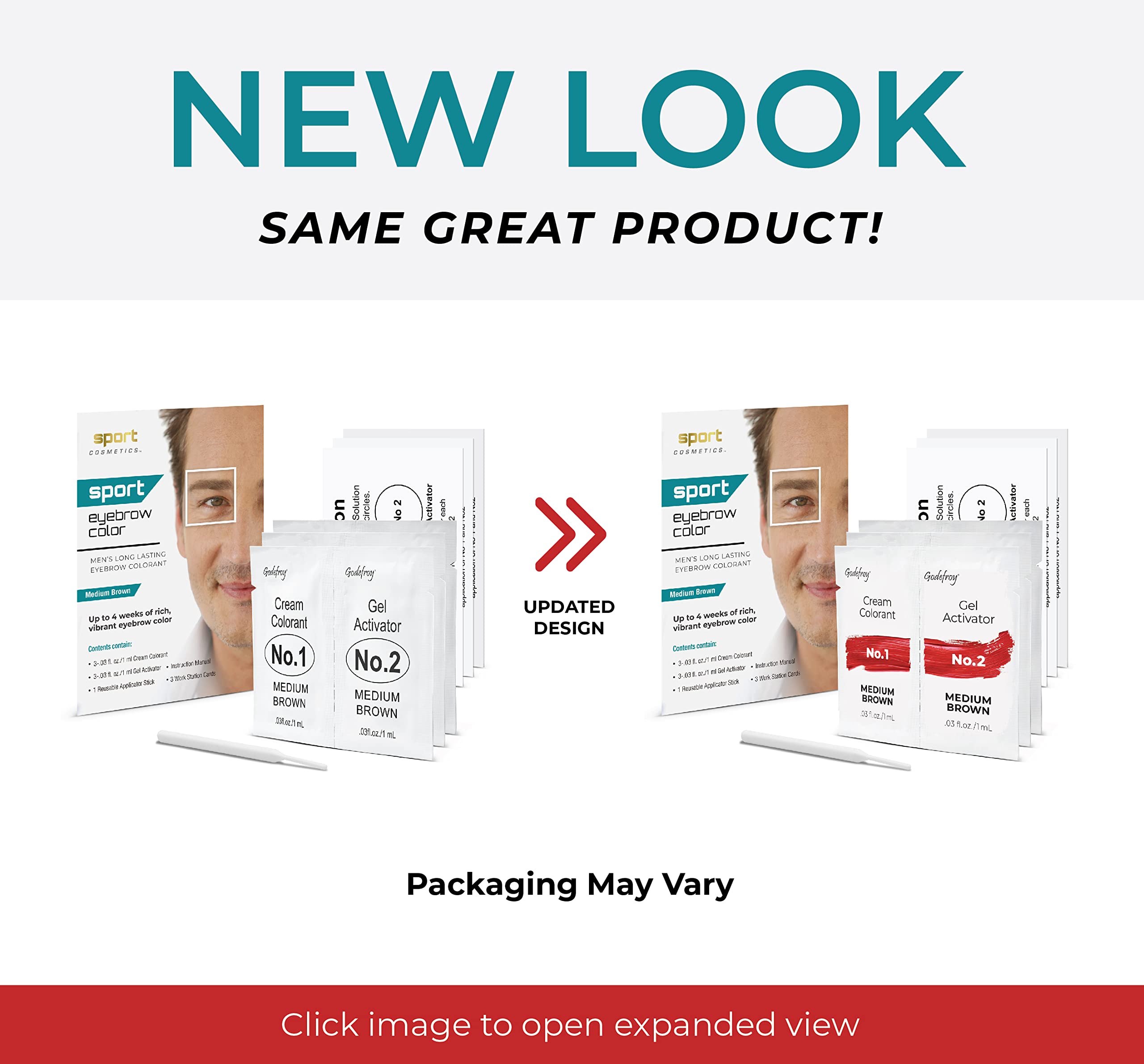 Sport Cosmetics Sport Eyebrow Colorant before-after montage shows natural-looking coverage.