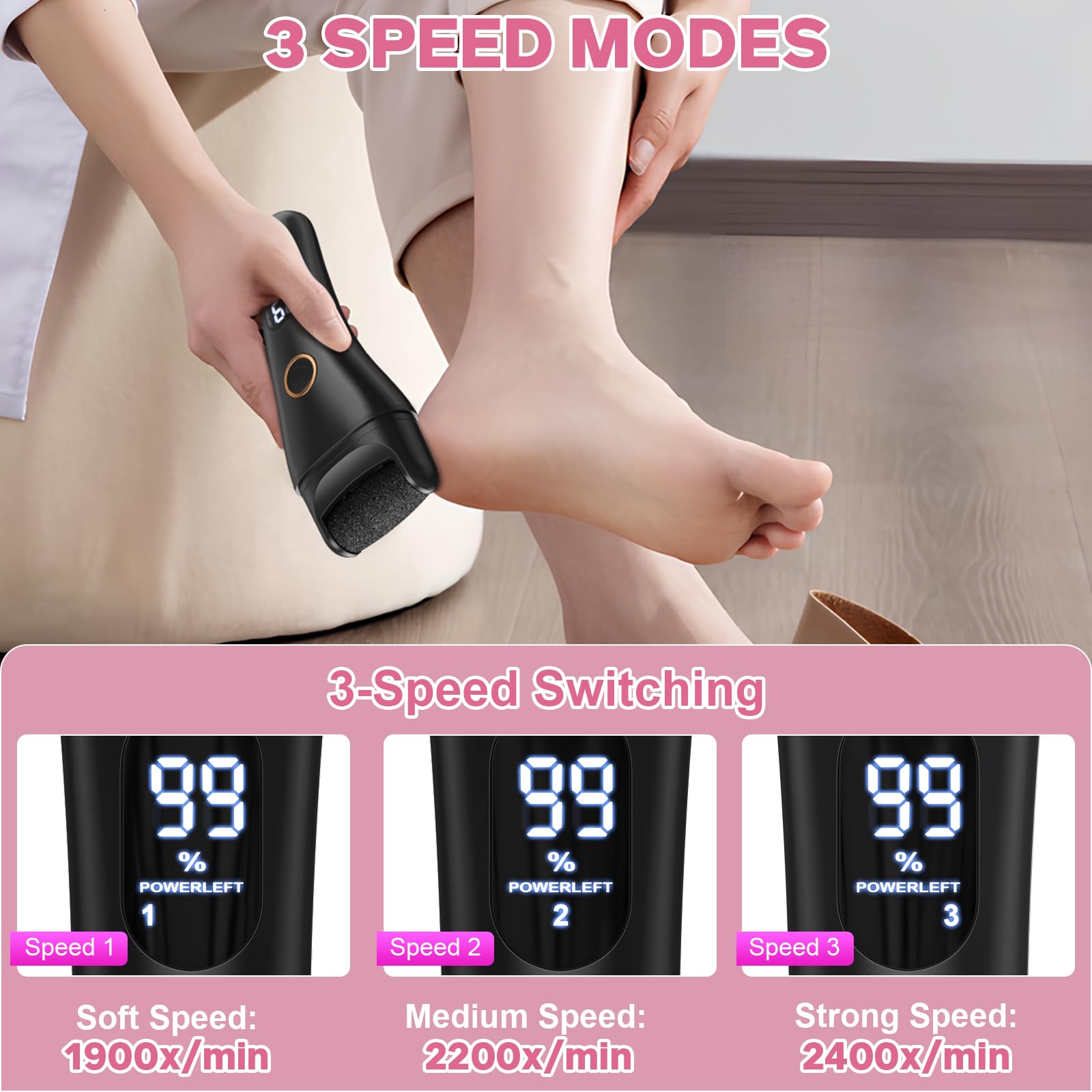 Spriak foot file LCD display helps monitor speed and power during pedicure.