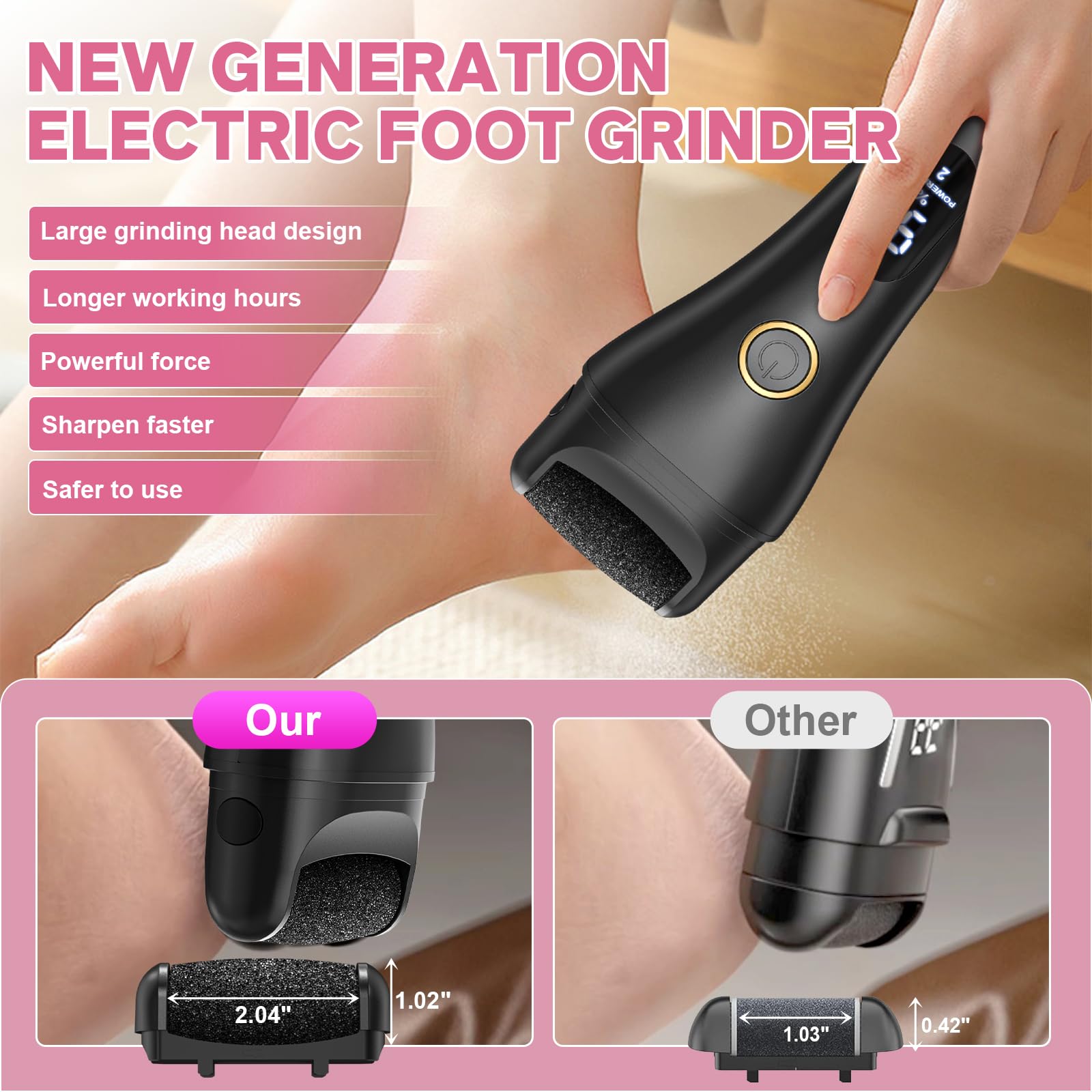 Spriak electric foot file roller heads enable faster removal of dead skin.
