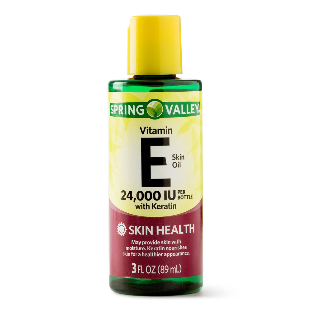 Spring Valley Vitamin E Skin Oil 24,000 IU bottle for daily skin nourishment.