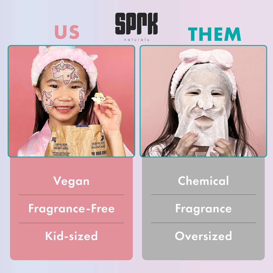 Sprk Naturals Unicorn Kids Face Mask designs showcase playful animal motifs for spa-time fun