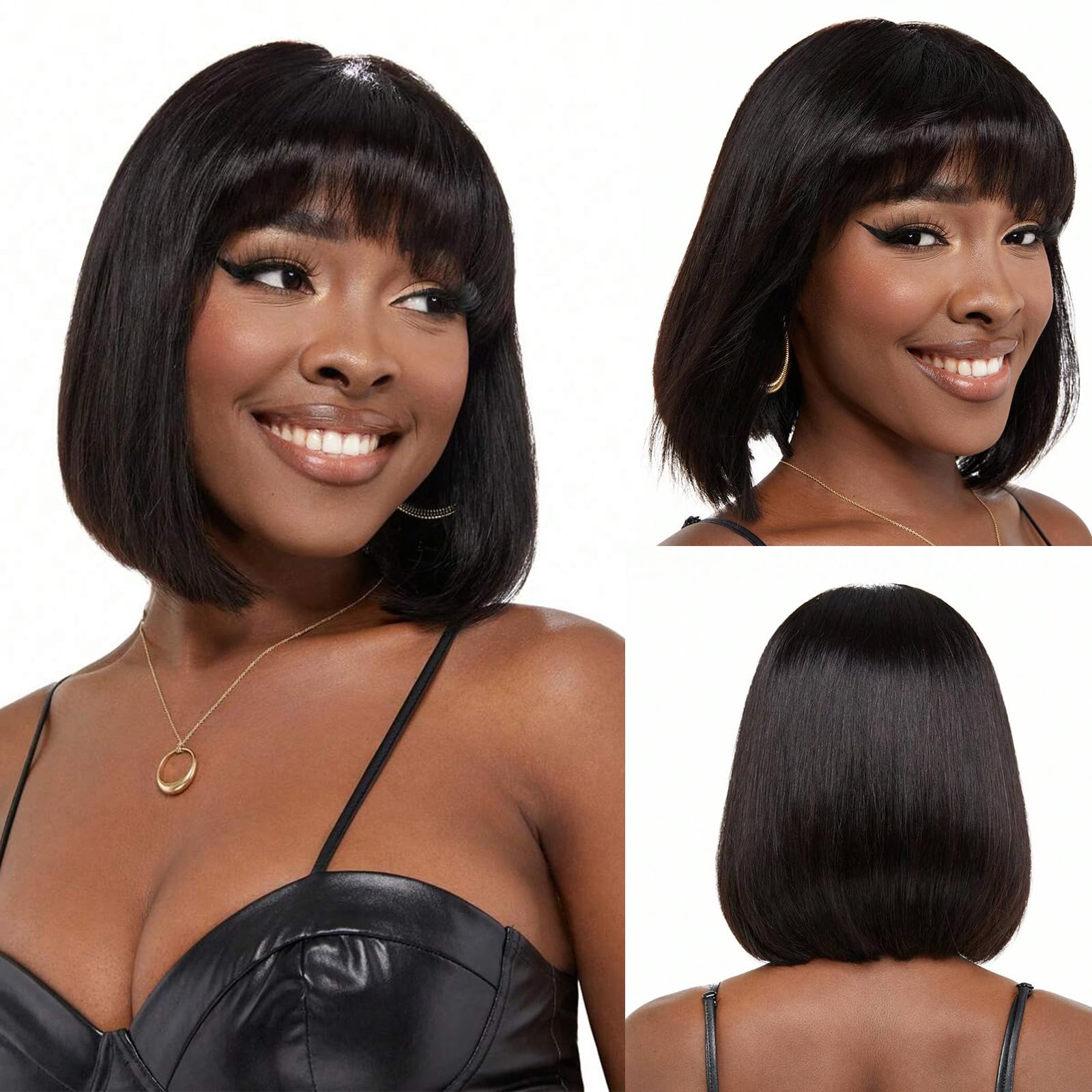 SQPLXK short bob wig with bangs side view for versatile angles.