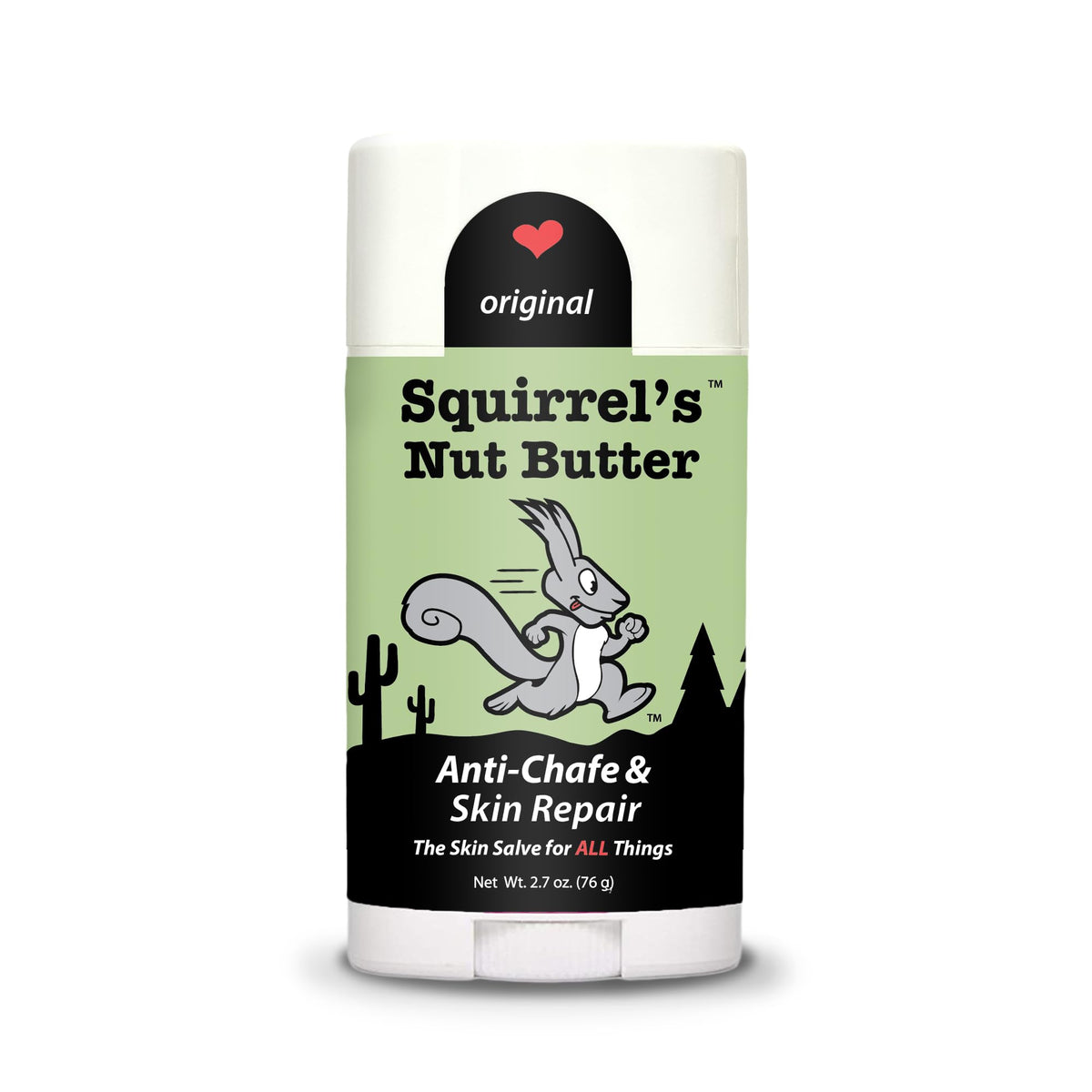 Squirrel's Nut Butter Anti Chafe Stick packaging shown for travel protection.