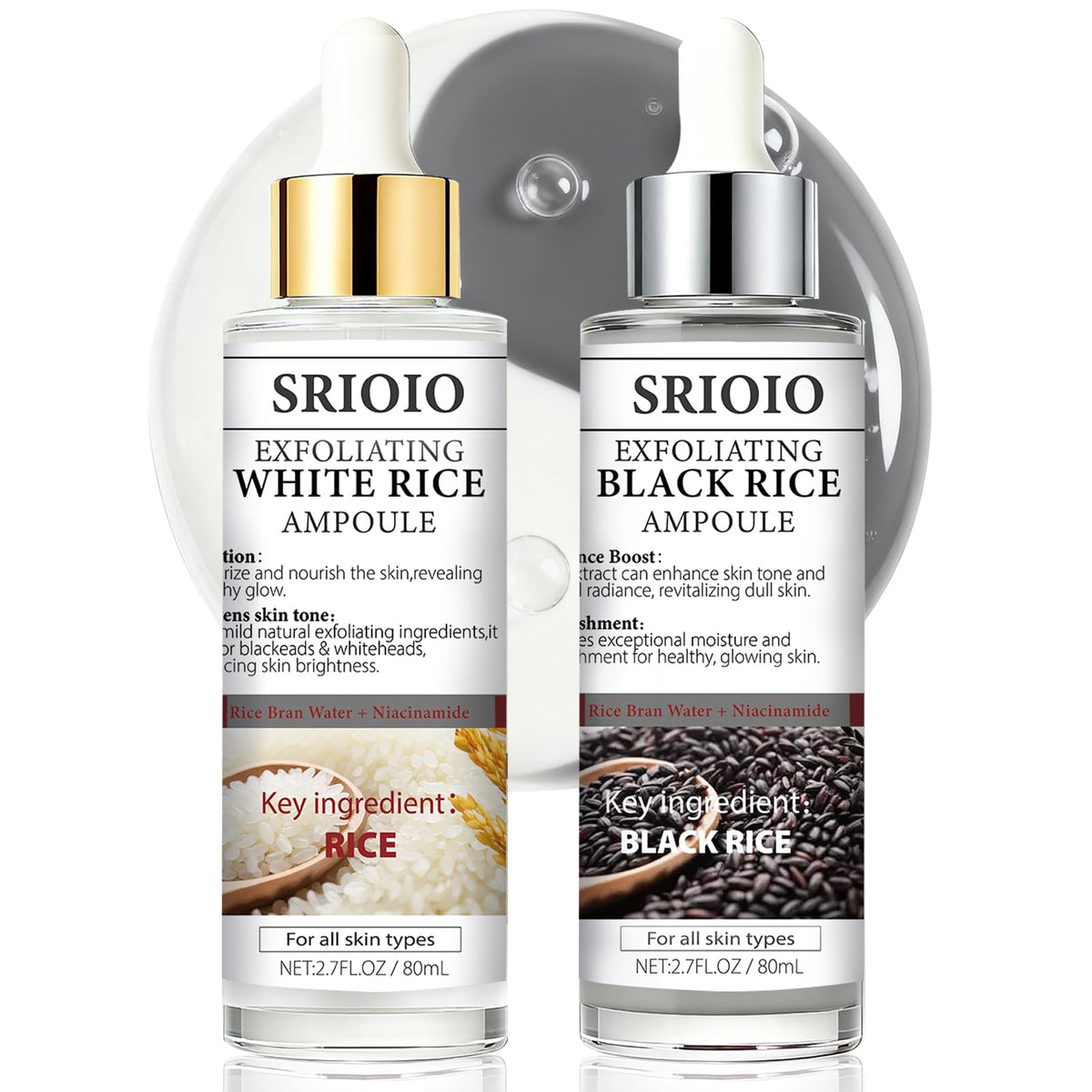 SRIOIO black and white rice exfoliation essence bottle for gentle exfoliation and smoother pores.