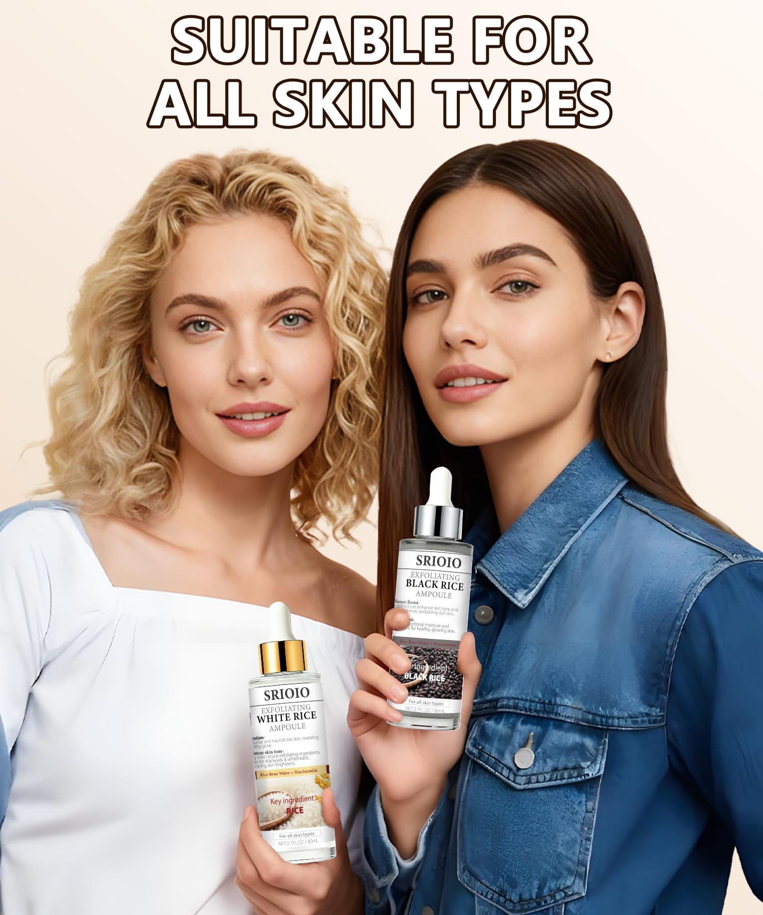SRIOIO two-piece serum pack highlighting hydration from white and black rice.
