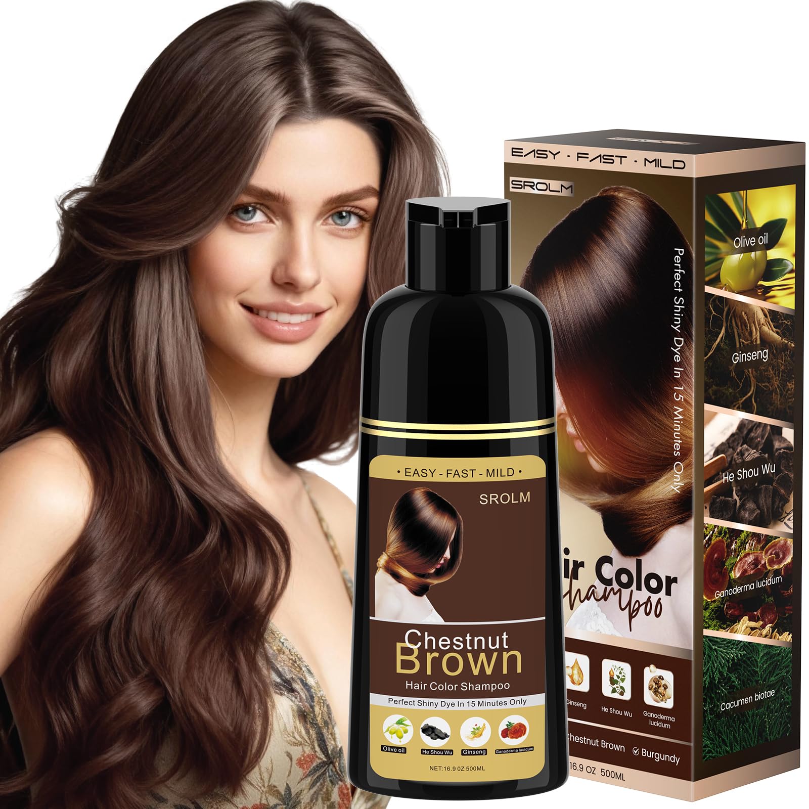 SROLM all-in-1 hair dye shampoo packaging highlighting one-step color and conditioning