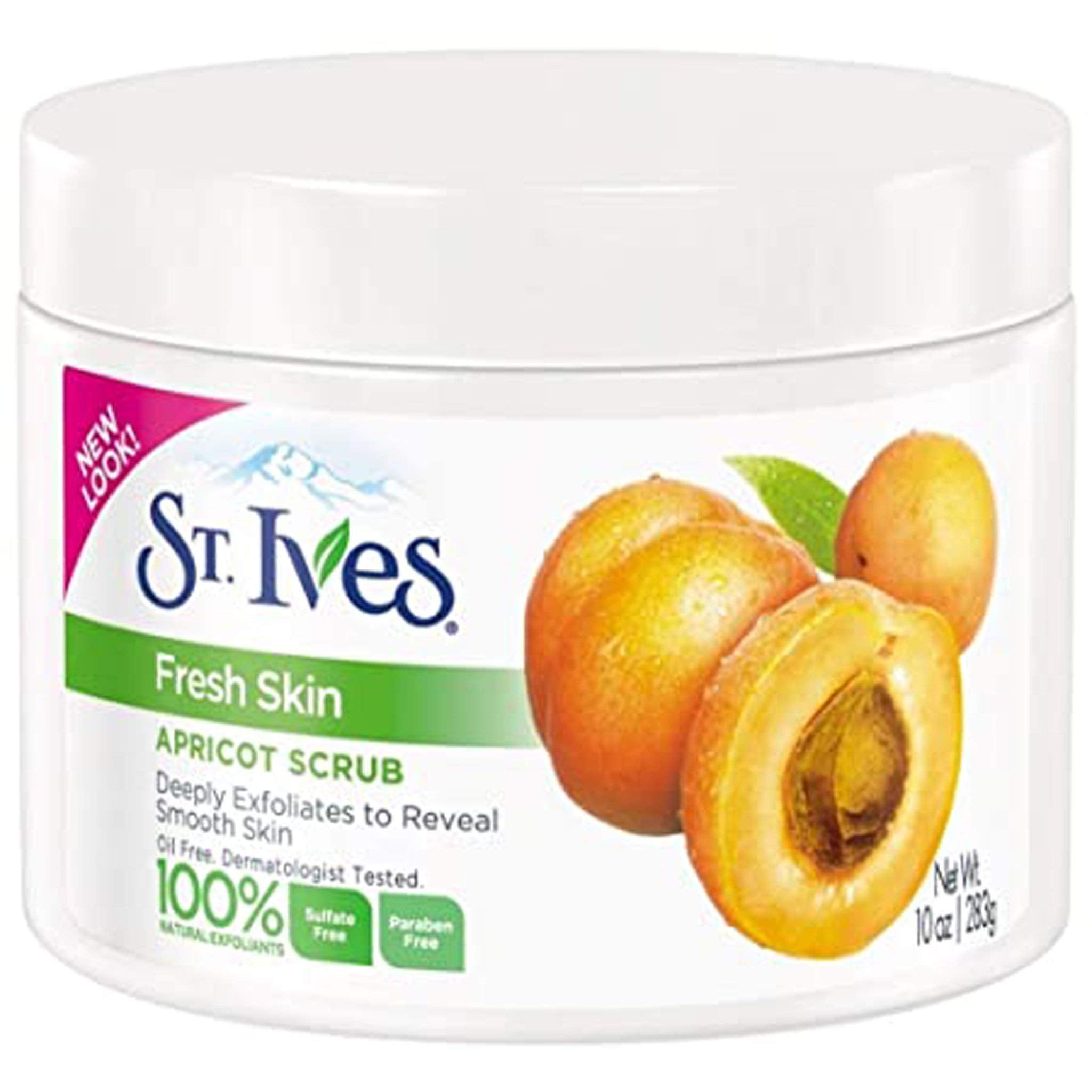 St. Ives Apricot Scrub 2-pack jar closeup highlighting exfoliating action for smooth skin.