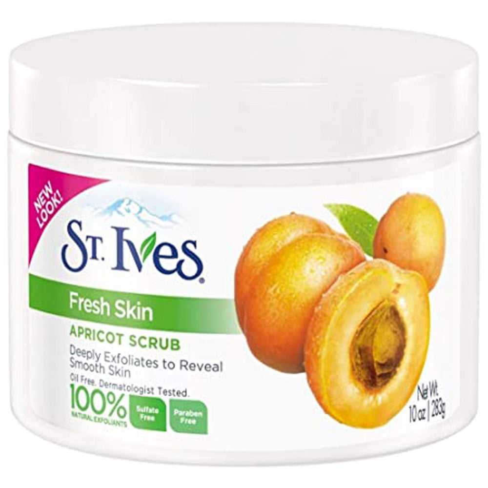 St. Ives Apricot Scrub 2-pack jar closeup highlighting exfoliating action for smooth skin.