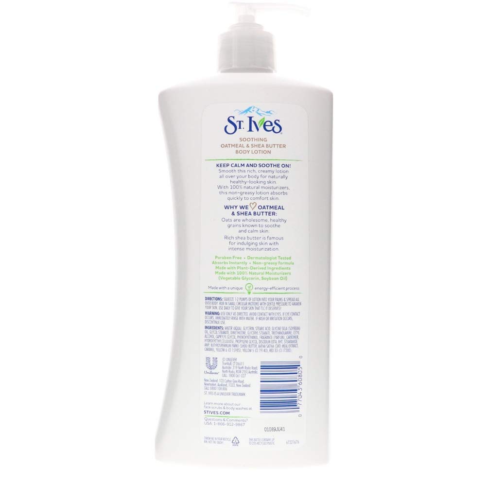 St. Ives body lotion bottle with oats and shea butter, ideal for daily moisturizing