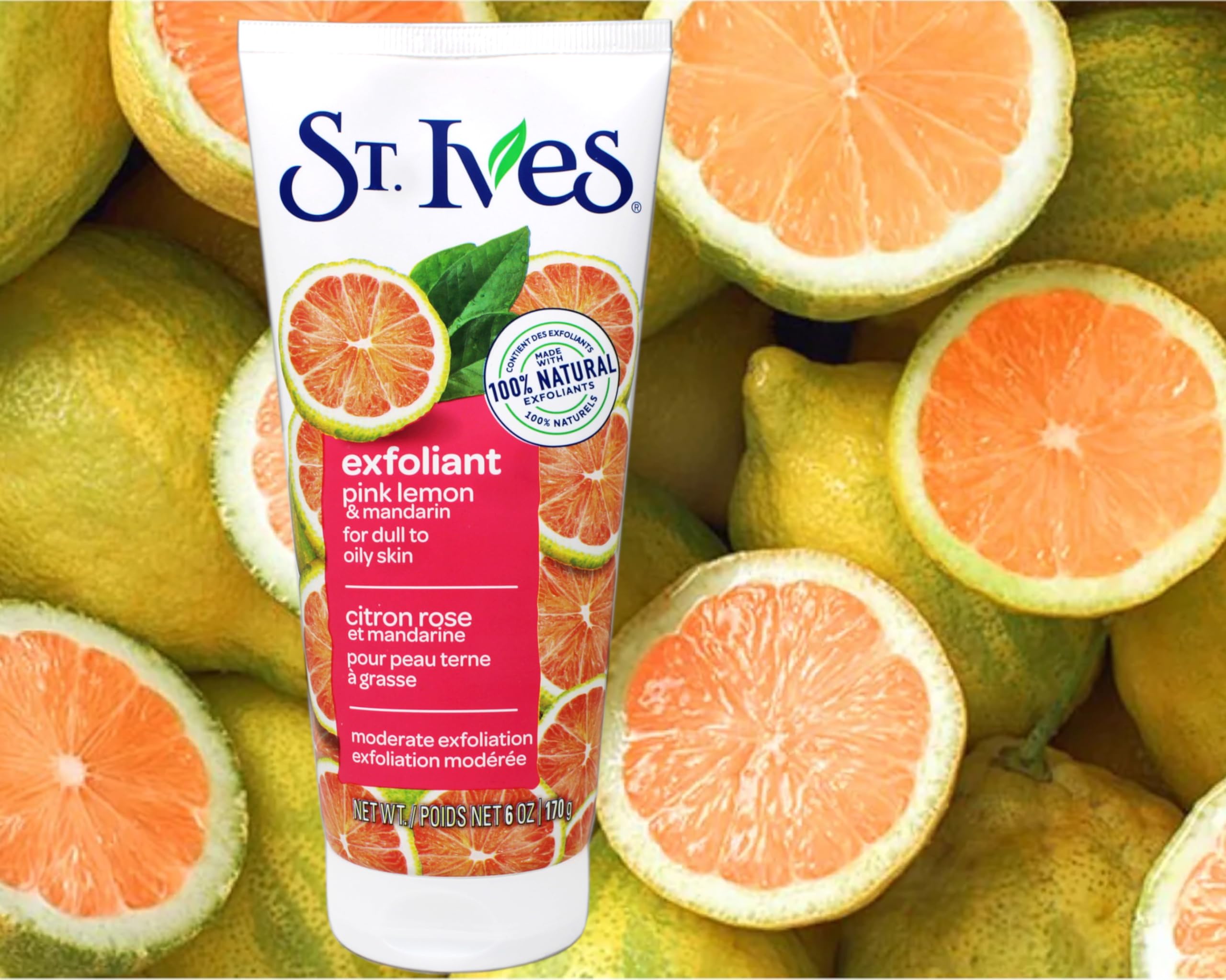 St. Ives dermatologist-tested hypoallergenic label communicates skin-friendly formulation.