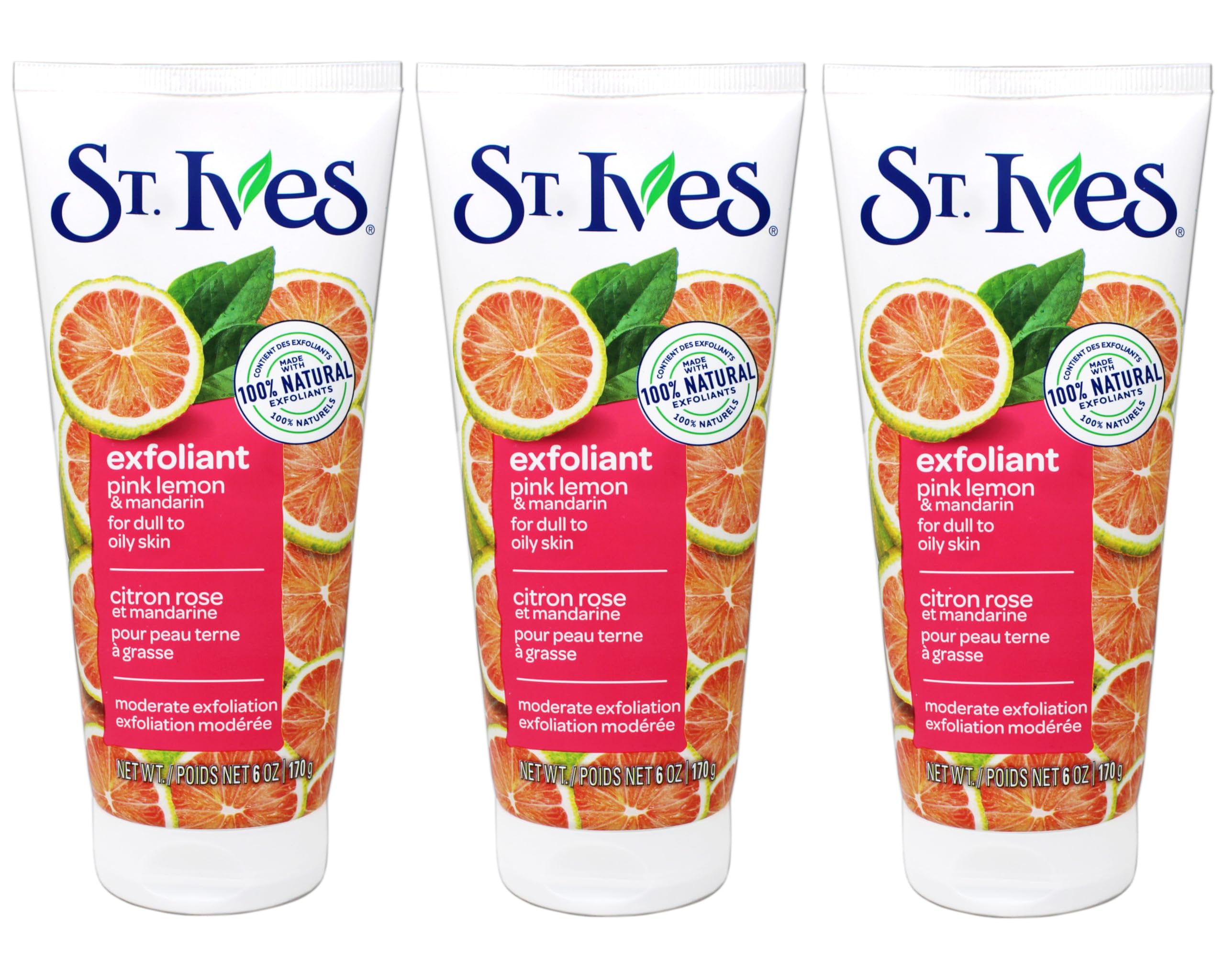 St. Ives Even & Bright pink lemon mandarin scrub triple-pack for bright, radiant skin.
