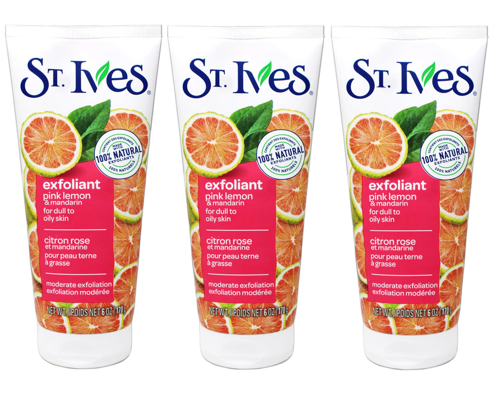 St. Ives Even & Bright pink lemon mandarin scrub triple-pack for bright, radiant skin.