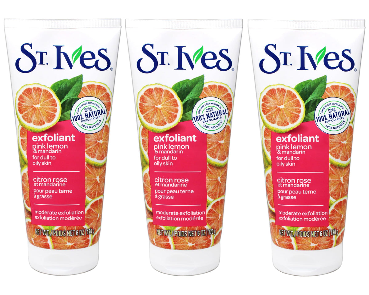 St. Ives Even & Bright pink lemon mandarin scrub triple-pack for bright, radiant skin.