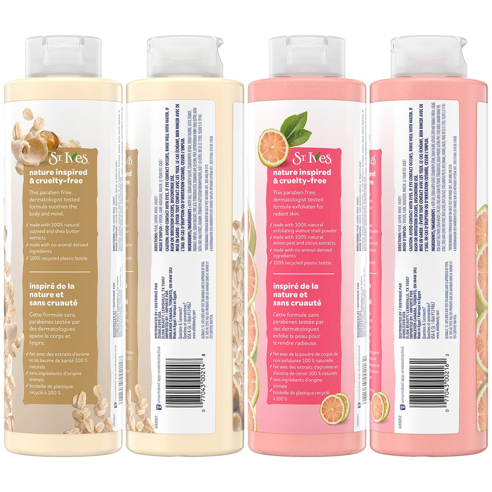 St. Ives exfoliating pink lemon and mandarin bottle closeup suggests refreshing exfoliation