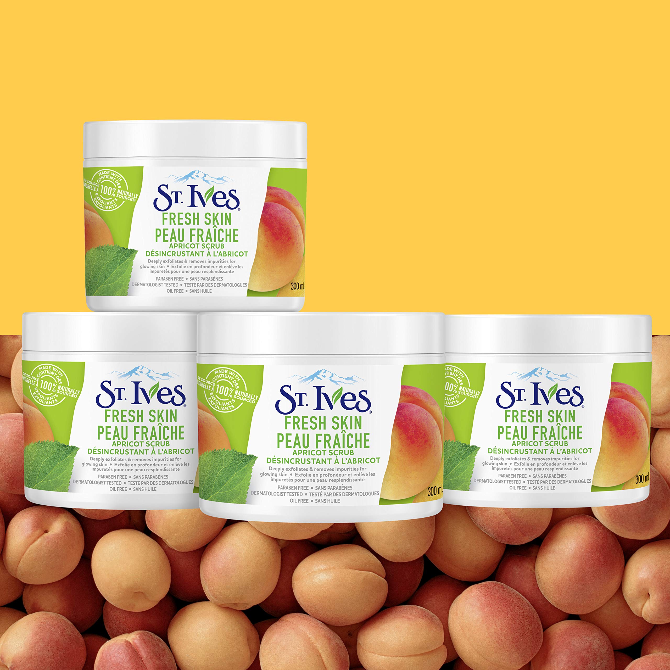 St. Ives Fresh Skin Apricot Scrub deep-clean action image suggests pore clarity.