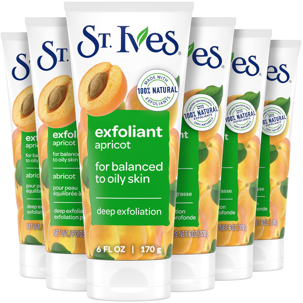 St. Ives Fresh Skin Apricot Scrub jar showing creamy texture for glowing skin