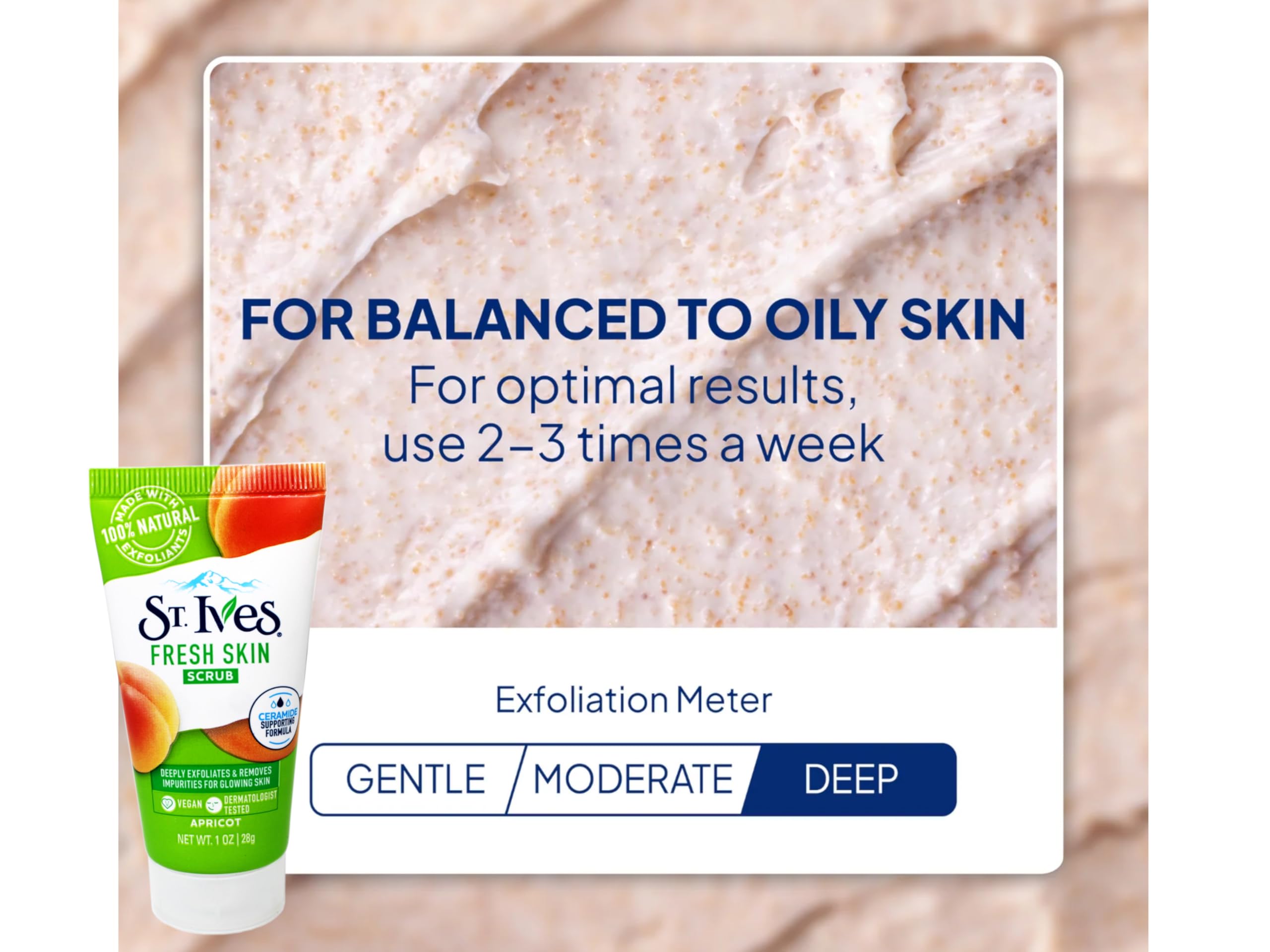 St. Ives Fresh Skin Scrub removes dirt and oil for clean pores.