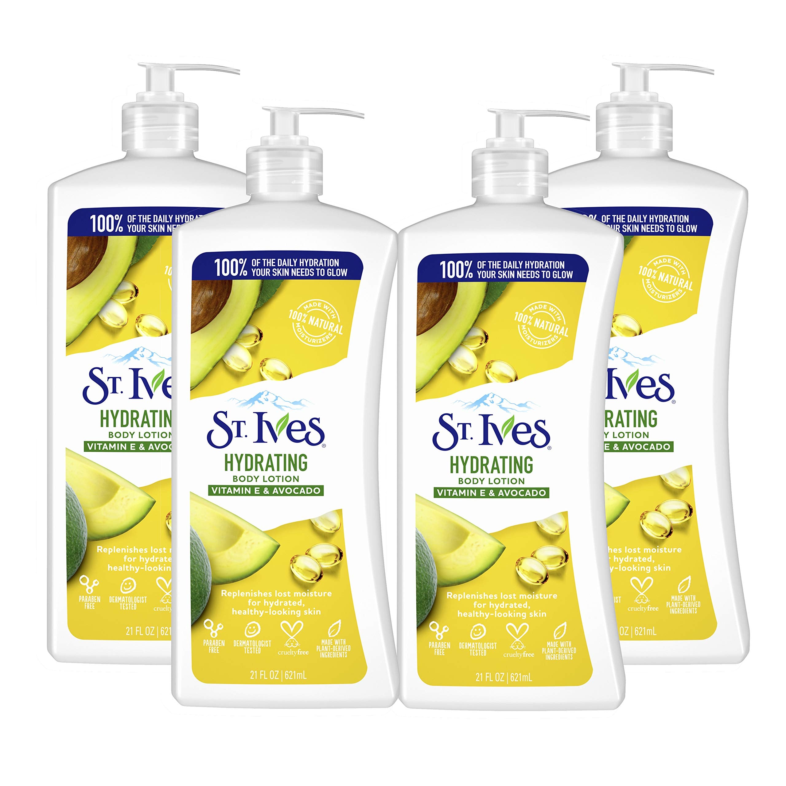 St. Ives hydrating hand and body lotion pack4 bottles deliver daily moisture for dry skin.