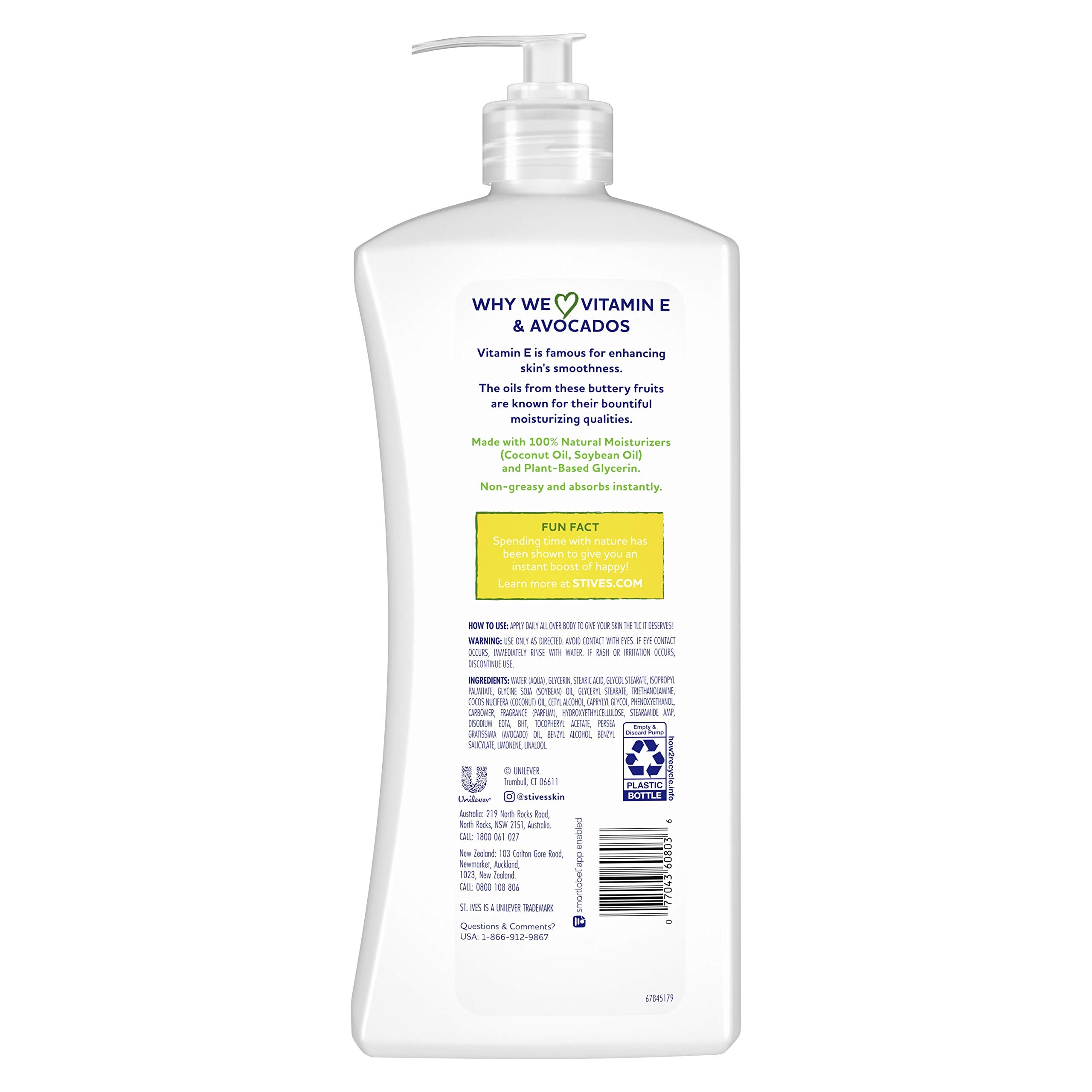 St. Ives lotion avocado oil ingredient emphasizes natural moisture from avocados.