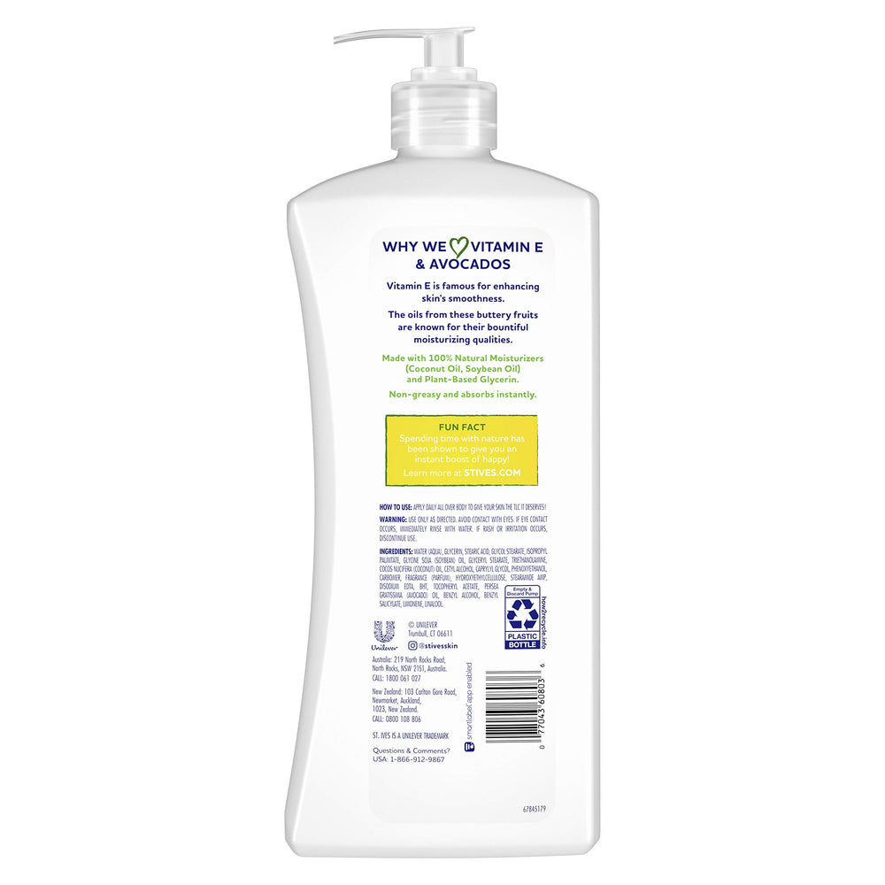 St. Ives lotion avocado oil ingredient emphasizes natural moisture from avocados.