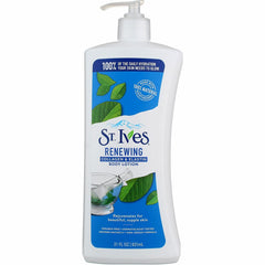 St. Ives Renewing Body Lotion bottle close-up showing rich, non-greasy hydration for daily use.