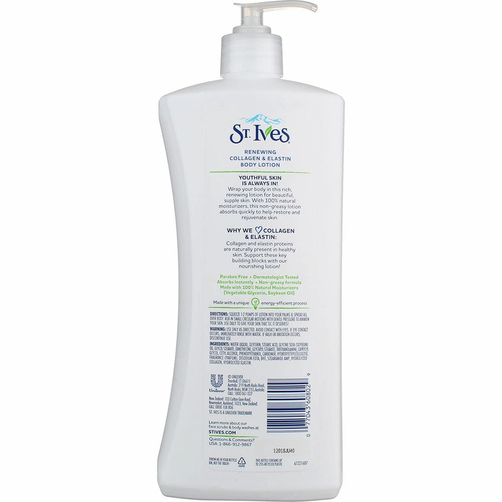 St. Ives Renewing Body Lotion cream texture close-up suggests smooth, velvety skin after application.