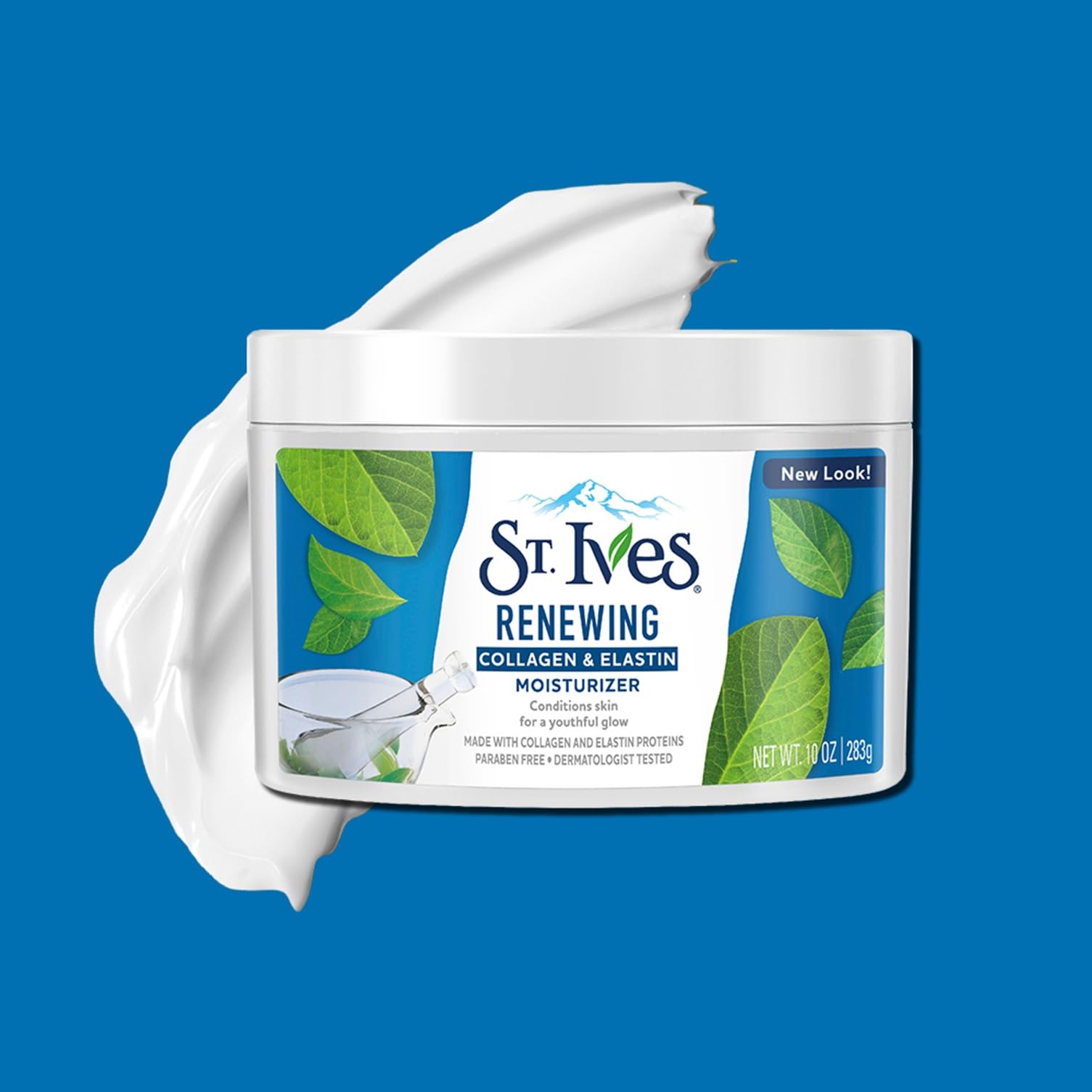 St. Ives Revitalizing Collagen Elastin moisturizer jar label highlights dermatologist-tested safety