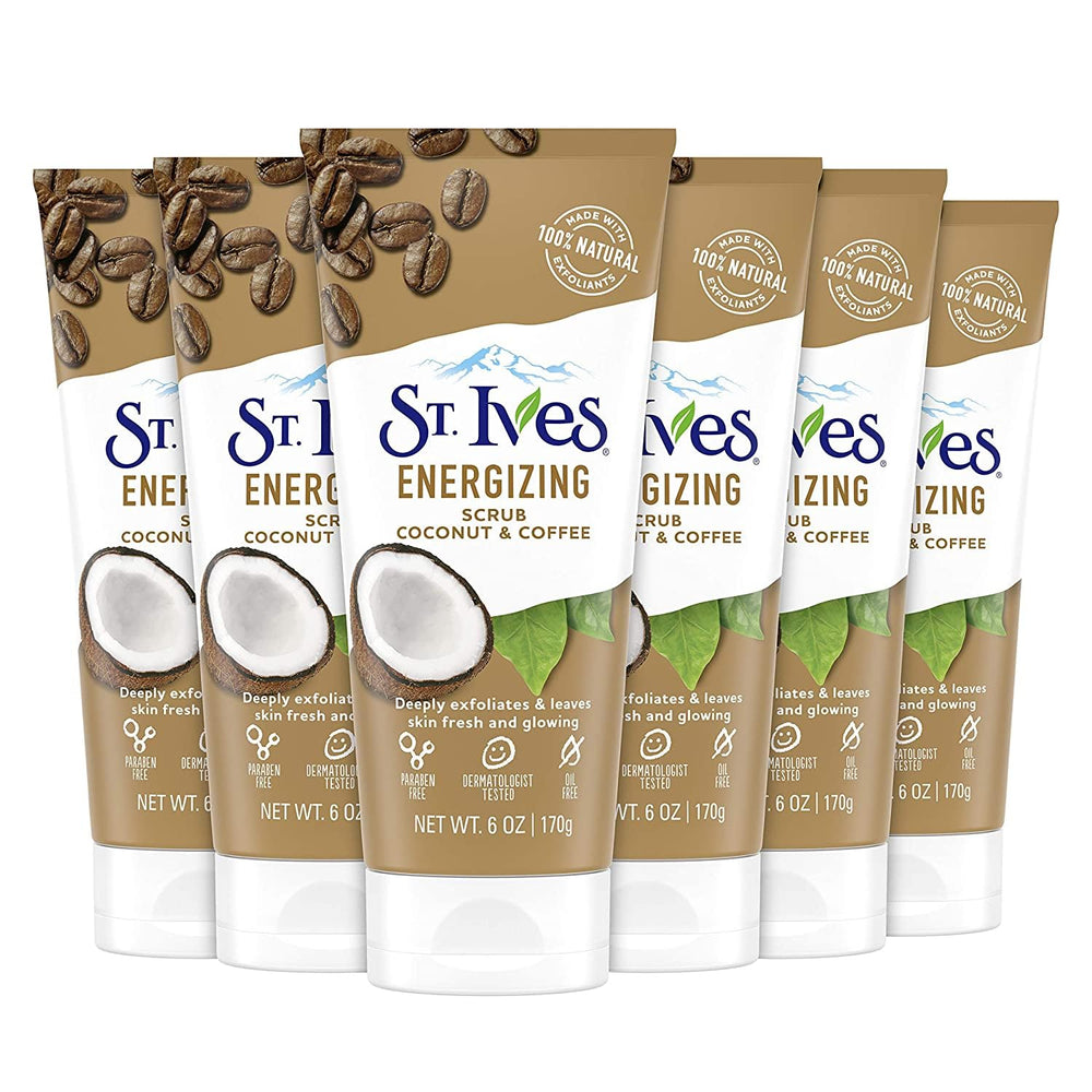 St. Ives Rise and Energize scrub jar close-up highlights coconut-coffee exfoliants for energized skin