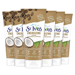 St. Ives Rise and Energize scrub jar close-up highlights coconut-coffee exfoliants for energized skin