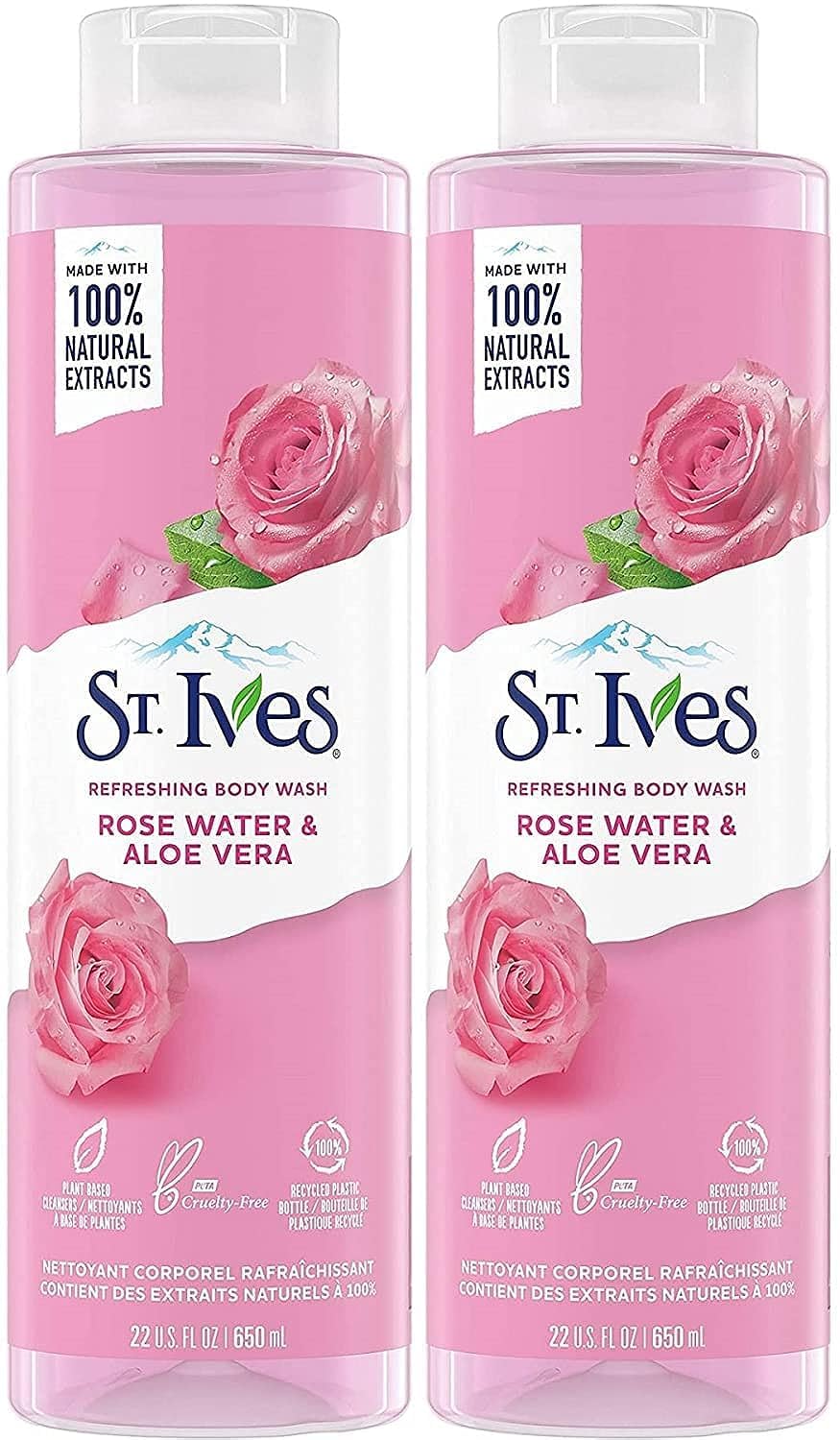 St. Ives Rose Water & Aloe Vera body wash bottle delivers refreshing cleanse and hydration