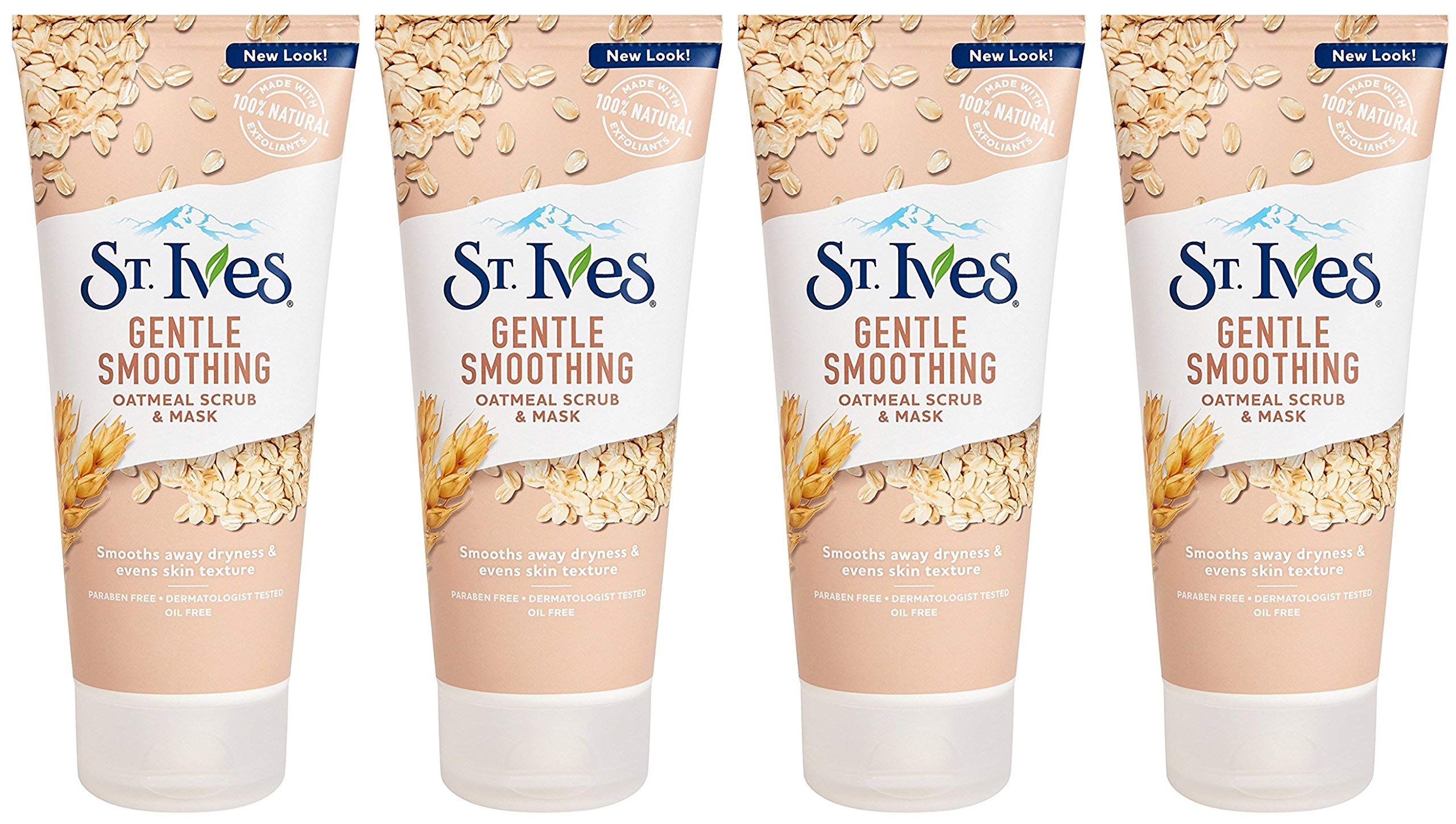 St. Ives scrub-mask jar with oatmeal exfoliant, offering 2-in-1 exfoliation for soft skin