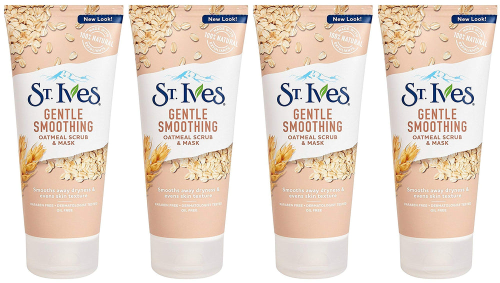St. Ives scrub-mask jar with oatmeal exfoliant, offering 2-in-1 exfoliation for soft skin