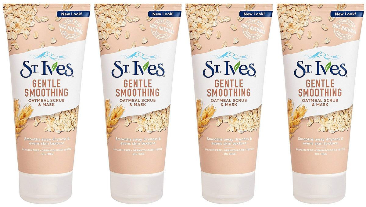 St. Ives scrub-mask jar with oatmeal exfoliant, offering 2-in-1 exfoliation for soft skin