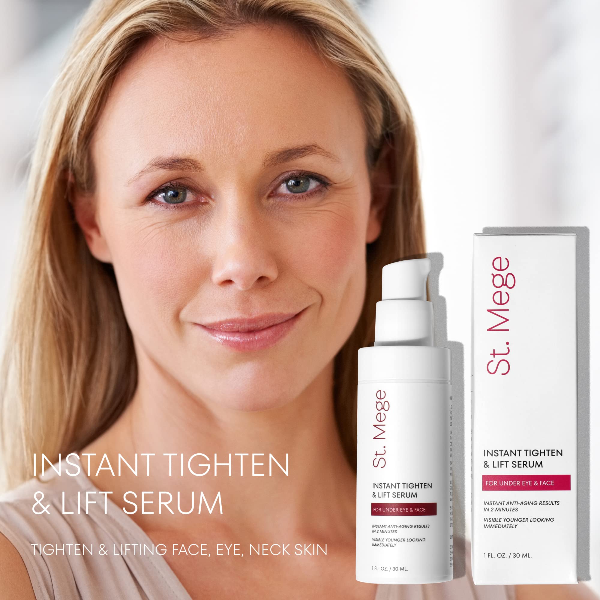 St. Mege Firming cream before-and-after look illustrating lifted appearance
