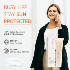 St. Mege Rice Sunscreen application demonstrates quick absorption and non-greasy finish