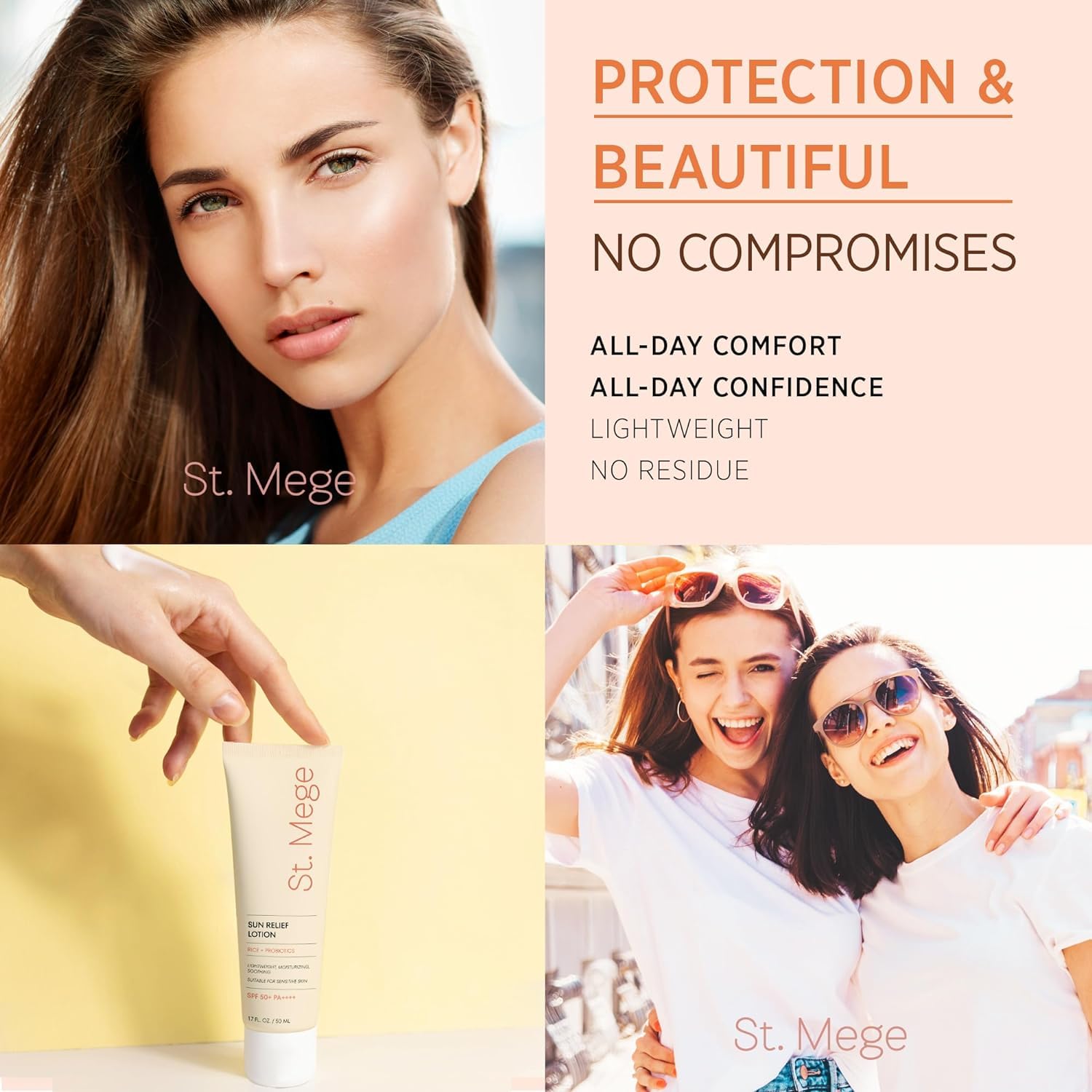 St. Mege Rice Sunscreen protection graphic communicates broad-spectrum SPF PA++++ sun defense