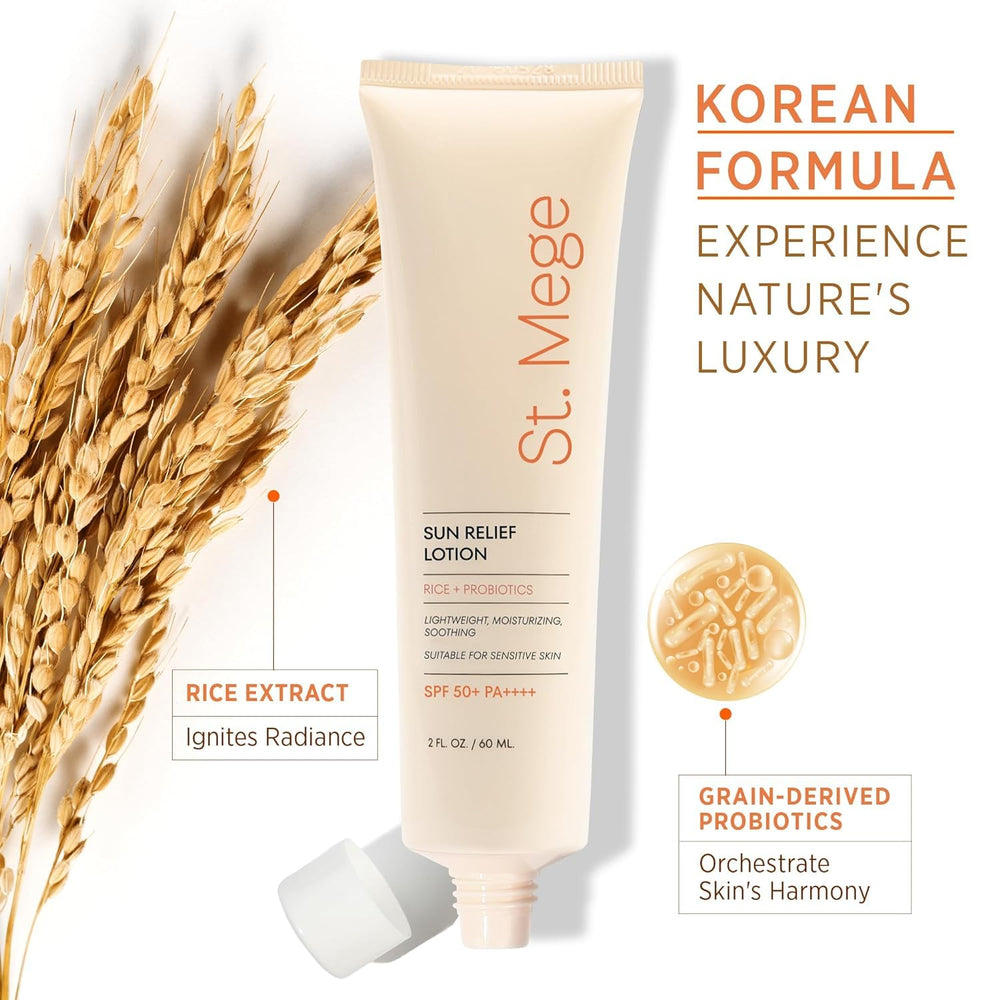 St. Mege Rice Sunscreen travel-size bottle offers portable SPF for outdoor activities