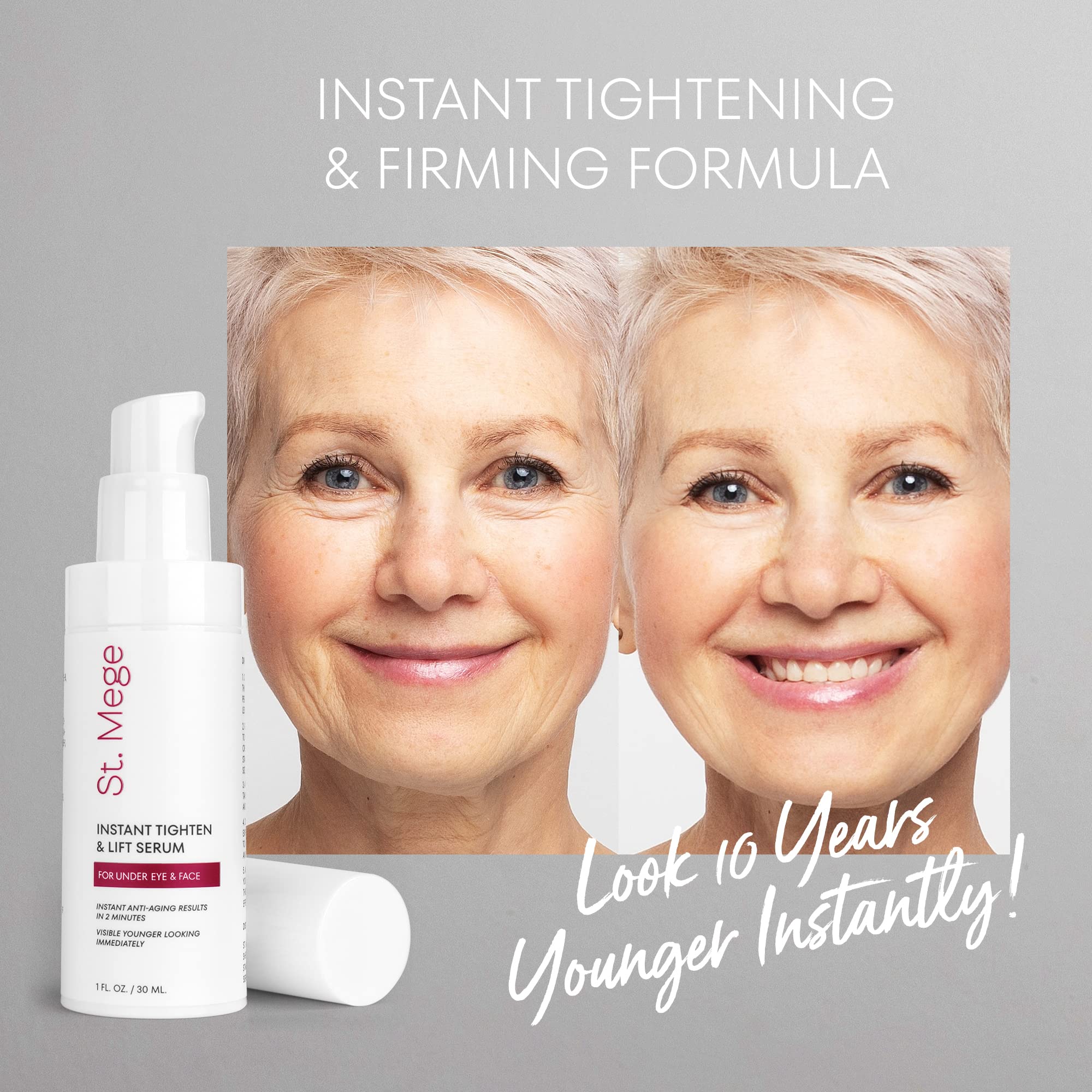 St. Mege Under-Eye Firming Cream pump demonstrating rapid eye area tightening