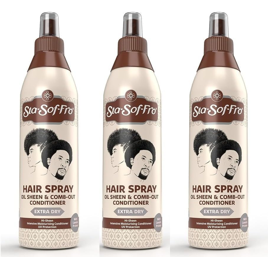 Sta-Sof-Fro Hair Spray bottle pour shows easy-to-use detangler action for smooth comb-out.