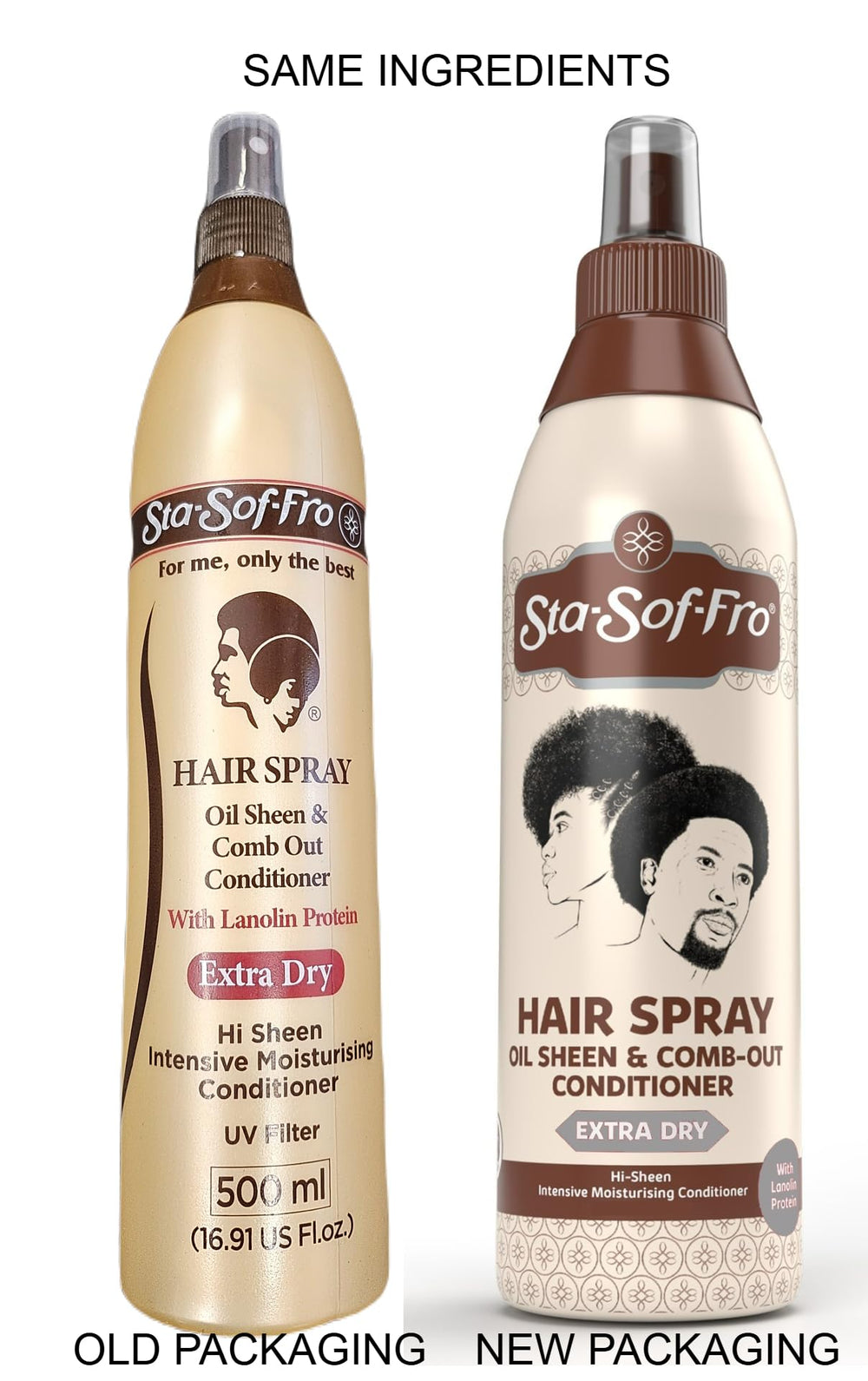 Sta-Sof-Fro Hair Spray comb-out application highlights detangling and shine for curls.