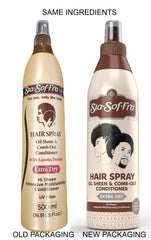 Sta-Sof-Fro Hair Spray comb-out application highlights detangling and shine for curls.
