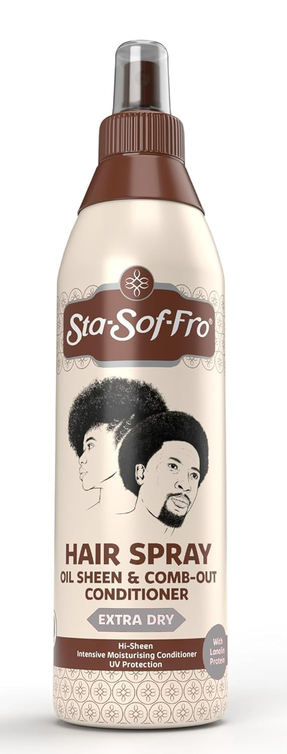Sta-Sof-Fro Hair Spray Comb Out Bottle shows easy-detangle action with lasting shine.