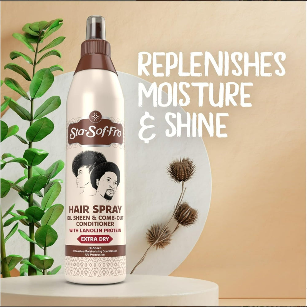 Sta-Sof-Fro Hair Spray Dry Hair Softening bottle demonstrates easy combing and smoother texture.
