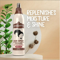 Sta-Sof-Fro Hair Spray Dry Hair Softening bottle demonstrates easy combing and smoother texture.