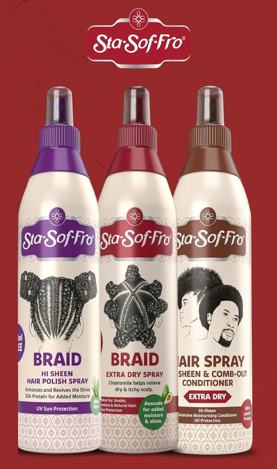 Sta-Sof-Fro Hair Spray Lanolin Infused bottle highlights moisture for dry hair.
