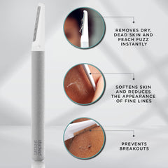 StackedSkincare Dermaplaning tool in-use on skin for peach fuzz removal and gentle exfoliation