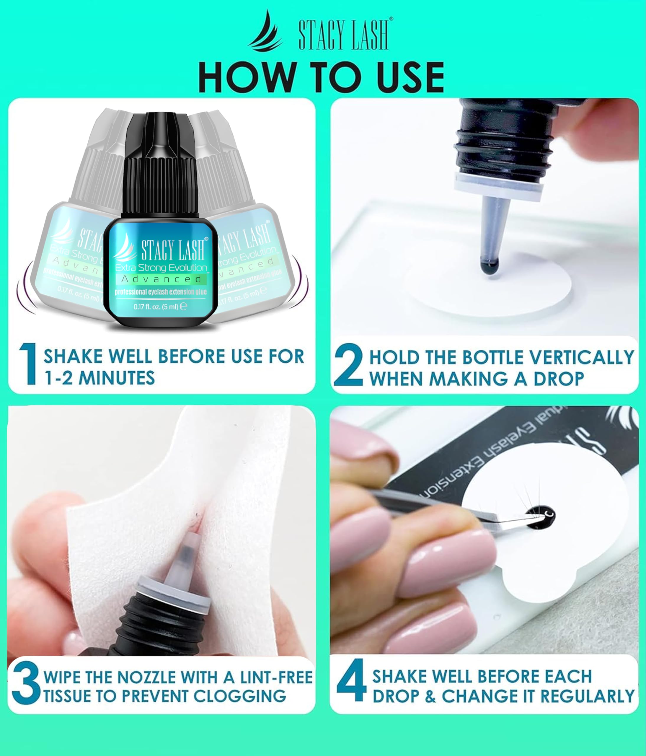 Stacy Lash black adhesive 1sec dry image conveys fast set time for skilled techs.