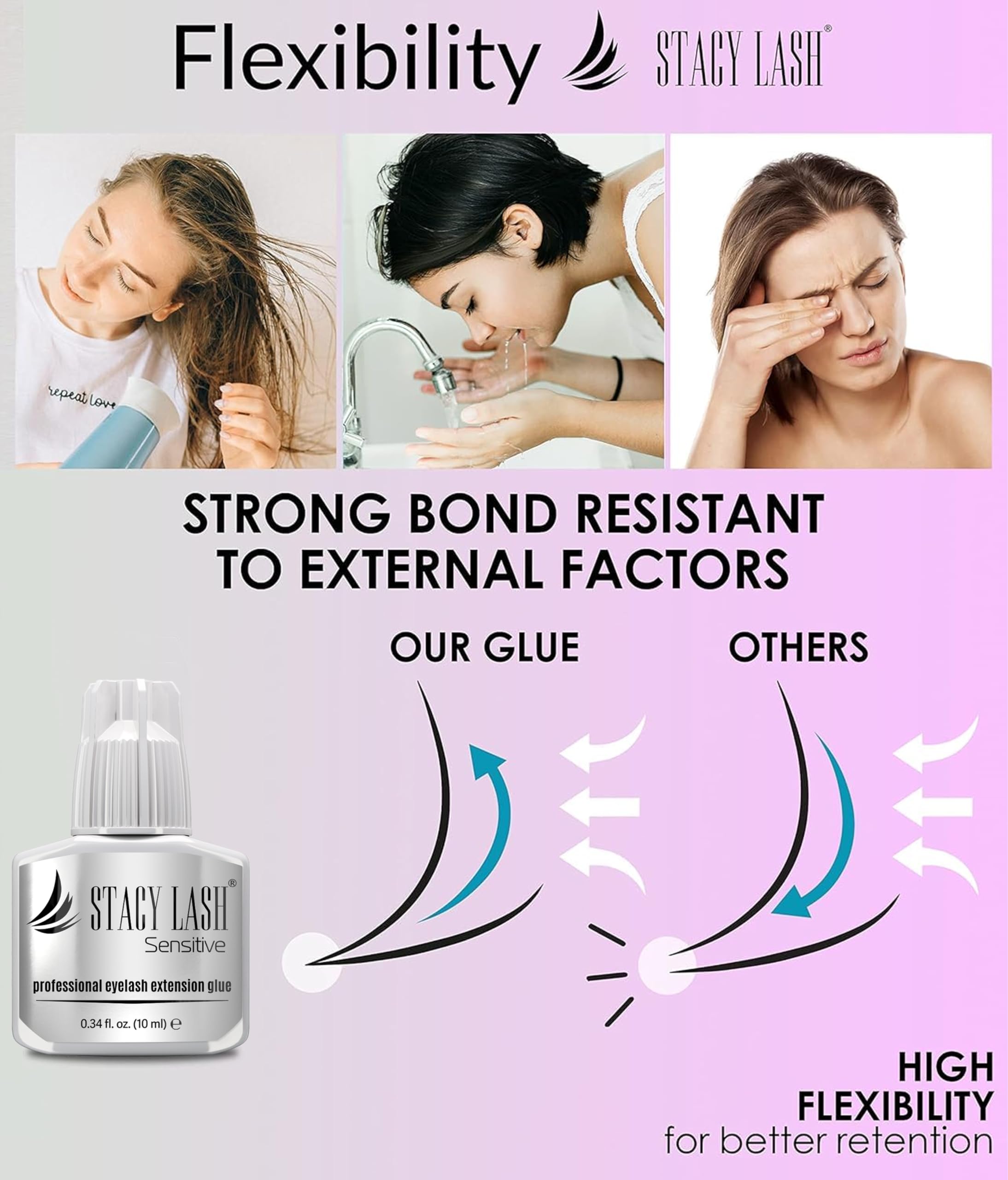 STACY LASH black adhesive label emphasizes professional-grade lash chemistry.