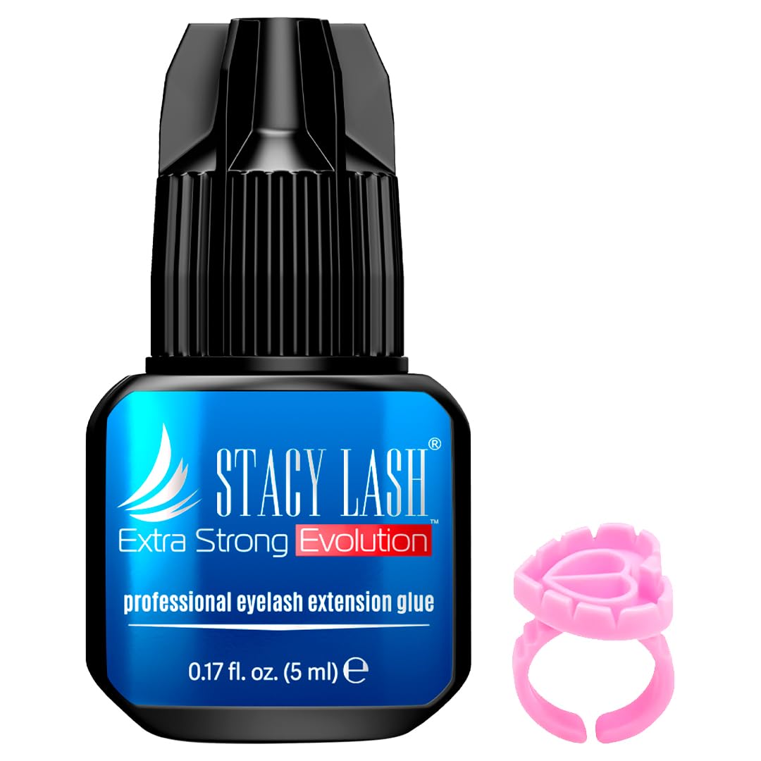 STACY LASH Extra Strong Evolution Glue bottle shows fast bond for precise lash placement