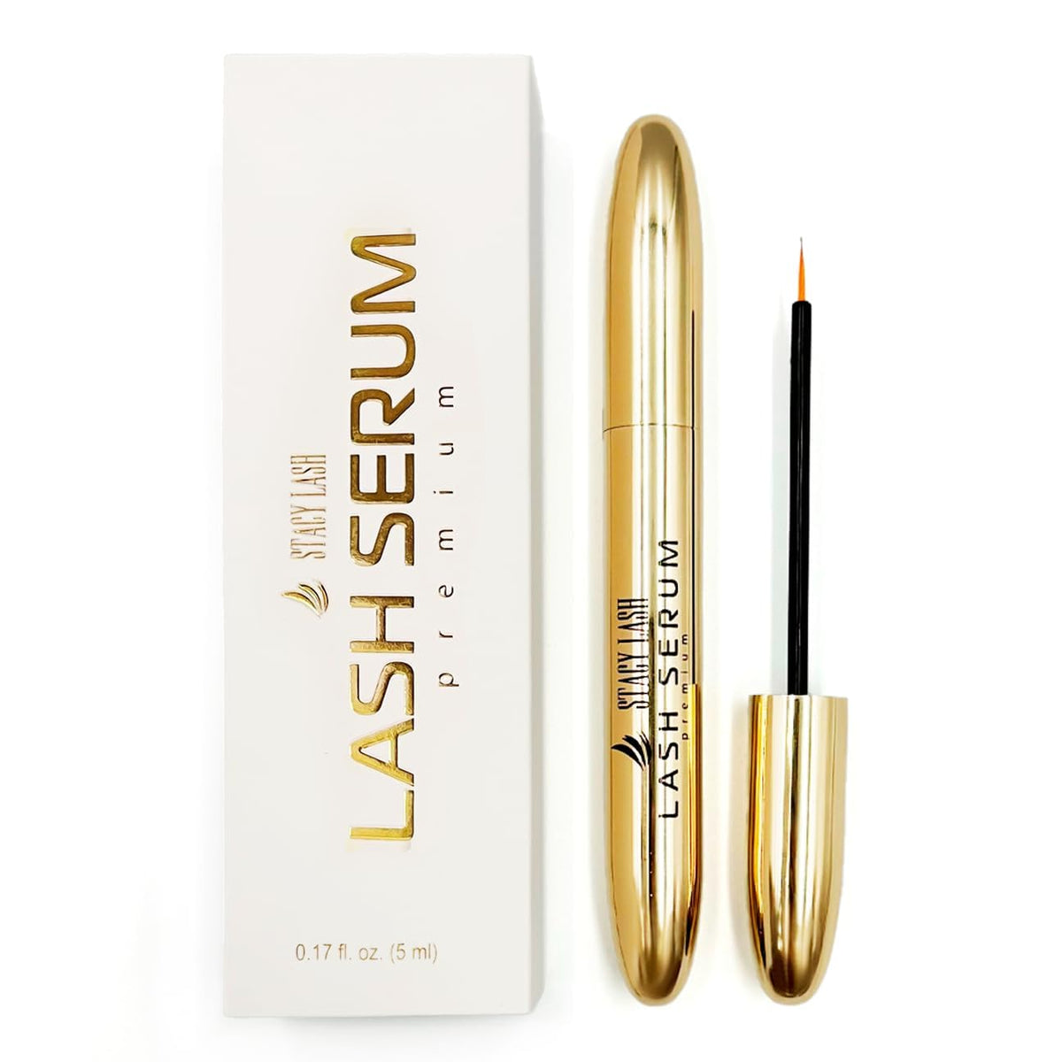 Stacy Lash Growth Serum bottle close-up highlighting oil-free formula for comfortable daily use.